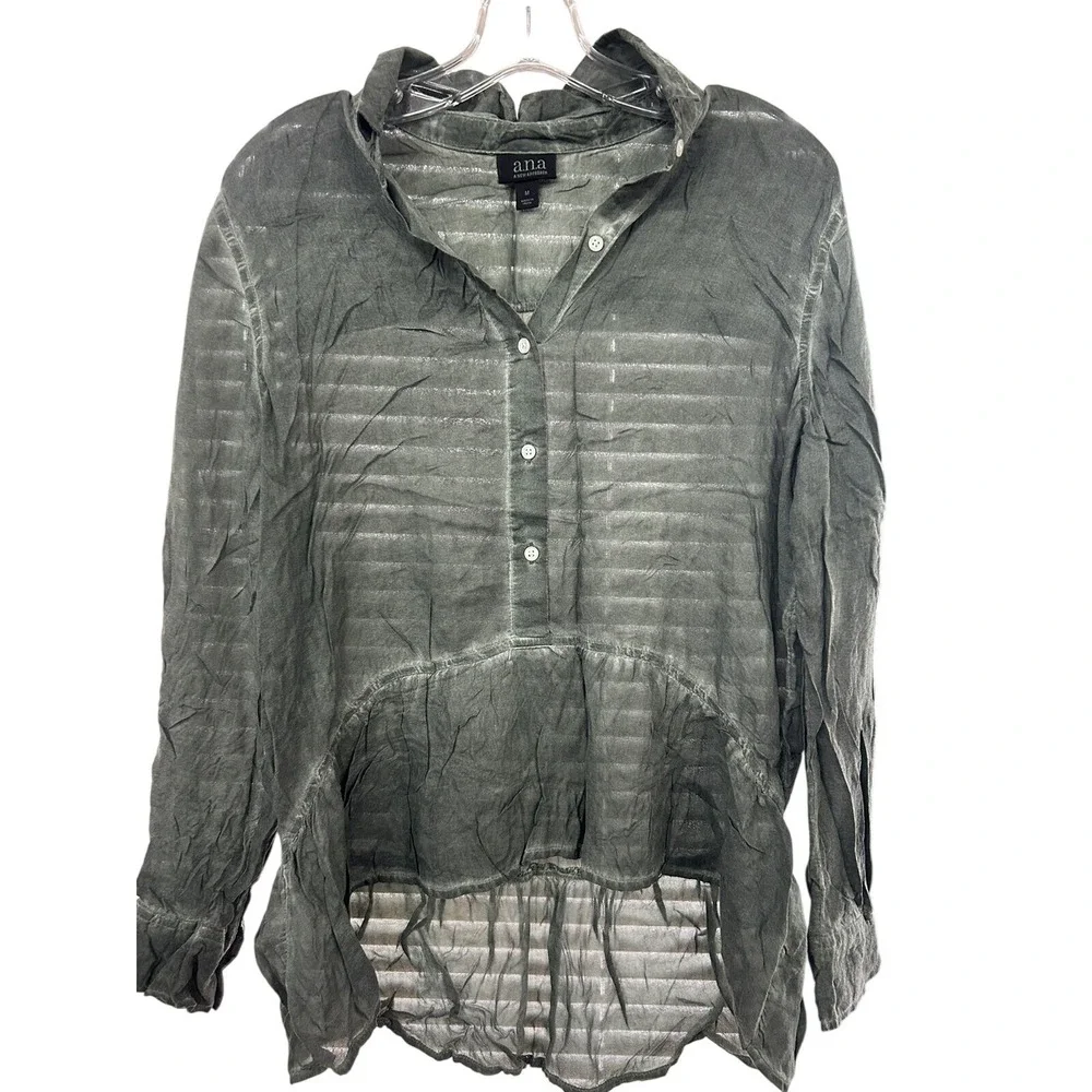 ana A New Approach Gray Sheer Striped High Low Long Sleeve Blouse‎ Womens Medium